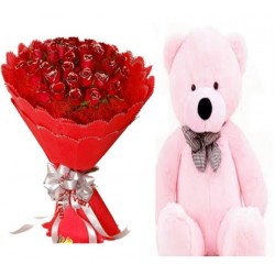 Romantic red rose bunch with cute teddy 